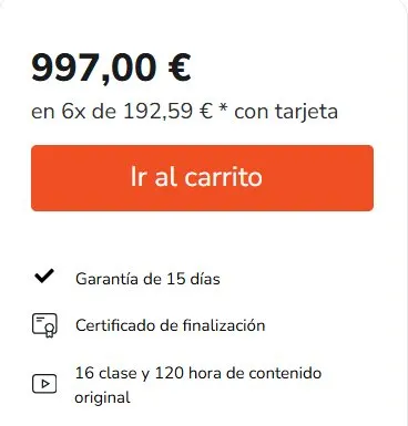Precio del curso online de la Escuela Europea de Imagen y Moda en Hotmart: 997 € o 6 cuotas de 192,59 €, captura del 19 de octubre de 2026